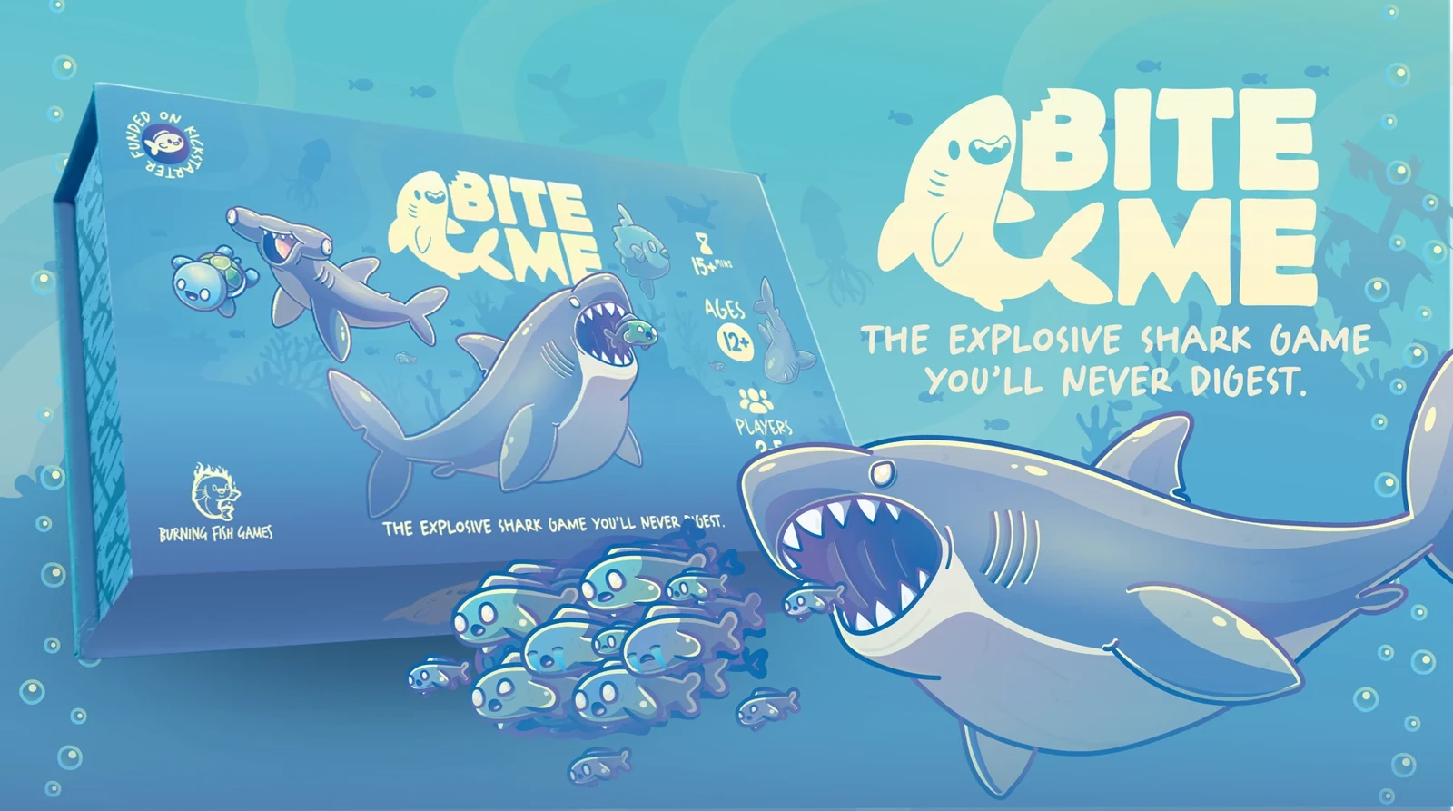 Bite Me campaign artwork showing the game box, sharks, fish and cards