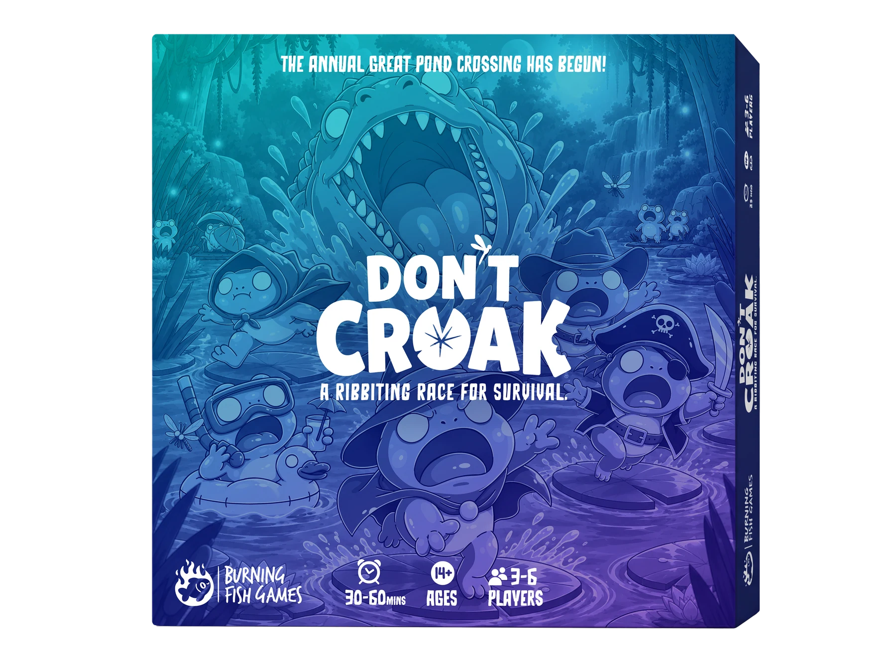 Render of the Don’t Croak game box, showing frogs fleeing a crocodile in a blue and purple pond.