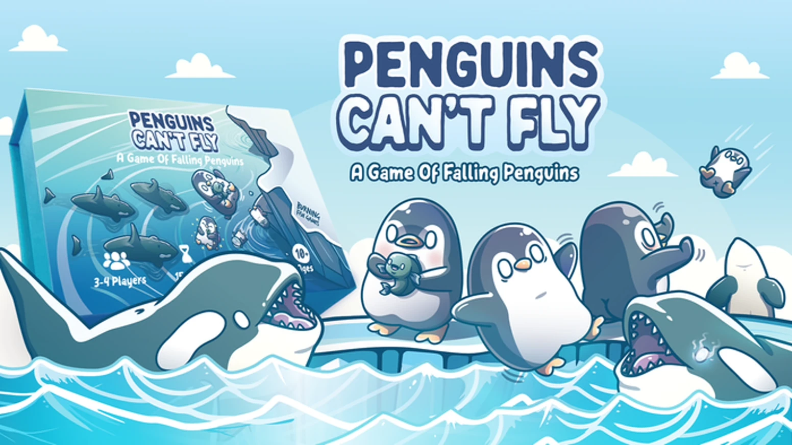 Penguins Can’t Fly game box, penguin characters and action cards