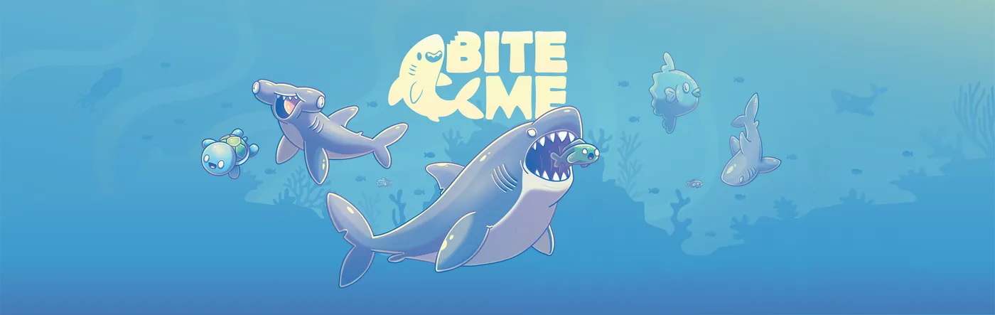 Bite Me sharks and little fish beneath the game logo